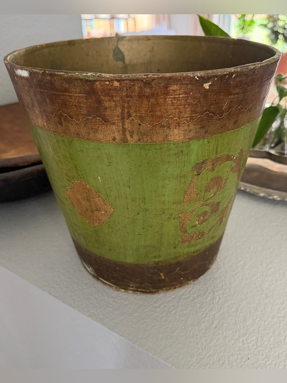Vintage Italian Florentine Wood Waste Basket Italy Garbage Bin Gold